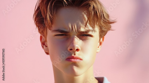 A teenage boy with an annoyed expression, rolling his eyes dramatically, his mouth turned down in a half-frown.
