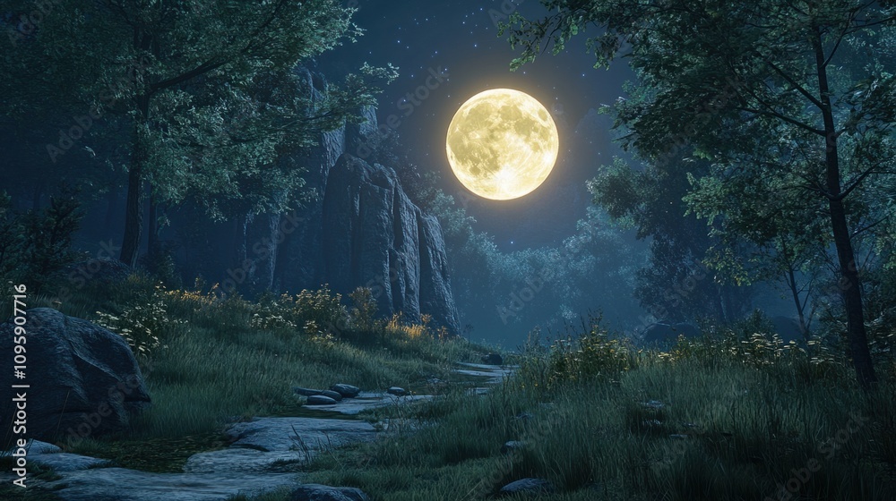 Full moon casting its glow over a dense forest, creating a mystical and enchanting night scene Full moon casting its glow over a dense forest, creating a mystical and enchanting night scene