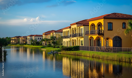 Real estate picture birds eye view neighborhood - A serene waterfront view featuring colorful houses reflecting in the water.