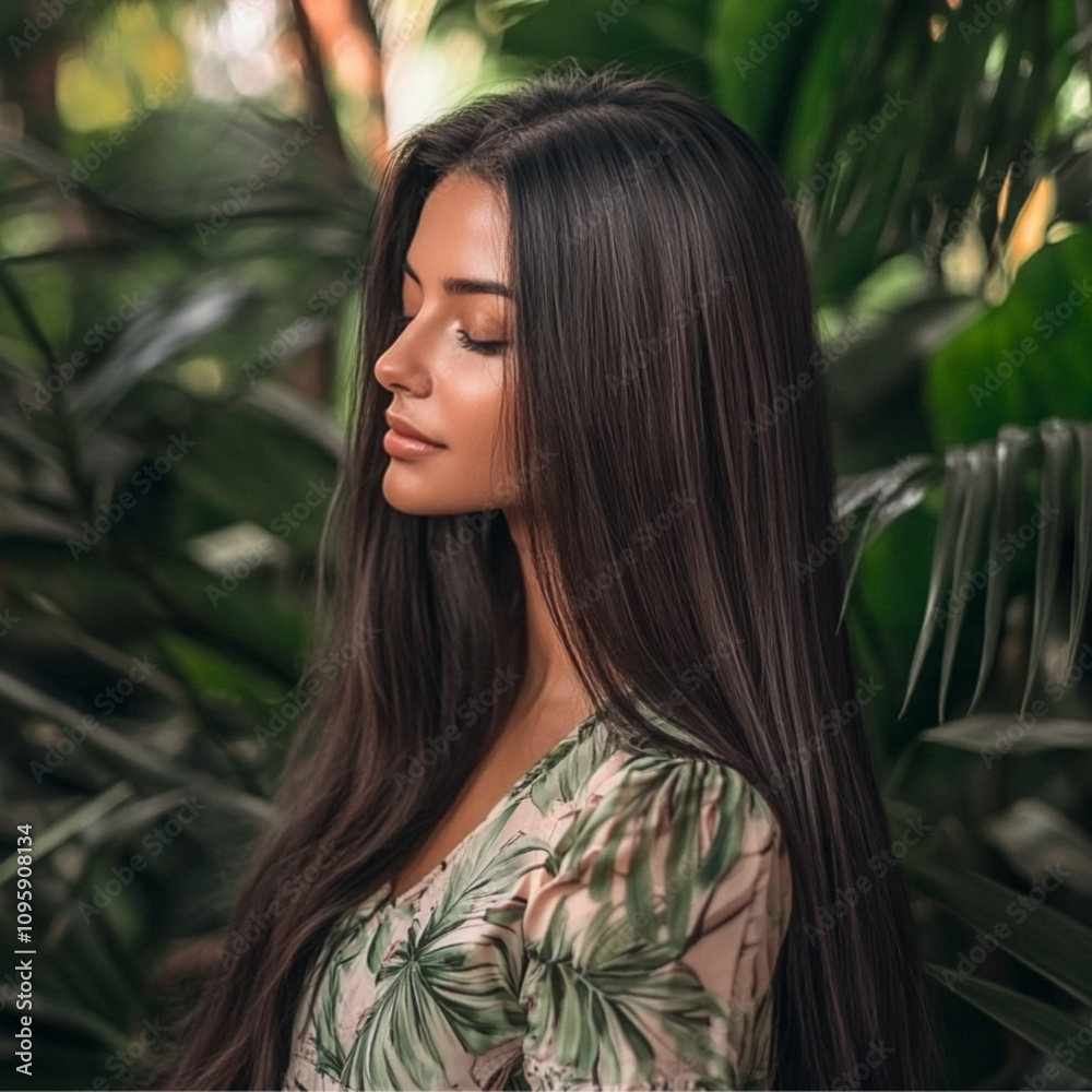 A photo of an attractive woman with beautiful silky laminated hair Beautiful tropical background with green plants, with pastel colors A photo of an attractive woman with beautiful silky laminated hair Beautiful tropical background with green plants, with pastel colors