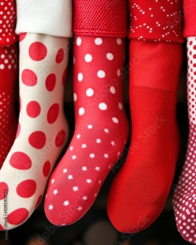 Colorful Christmas stockings with polka dots hanging.