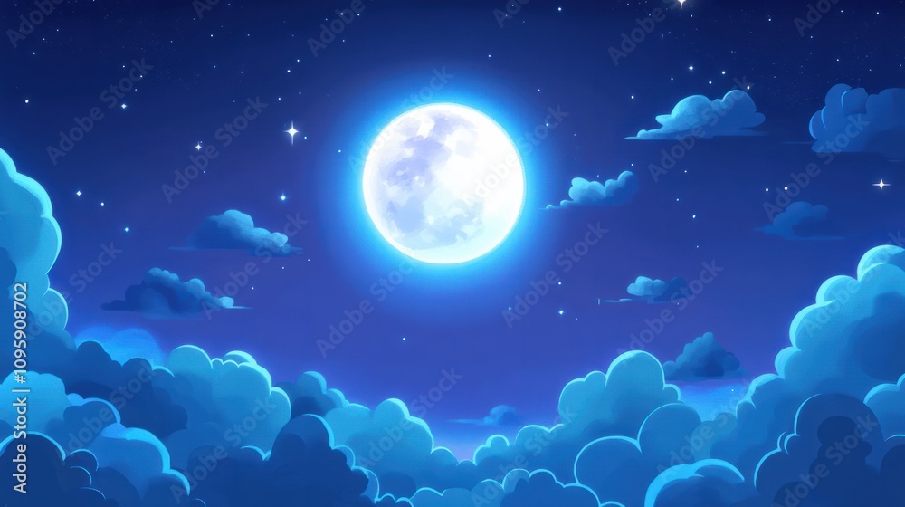 Full moon glowing brightly in the night sky, surrounded by scattered clouds and faint stars Full moon glowing brightly in the night sky, surrounded by scattered clouds and faint stars