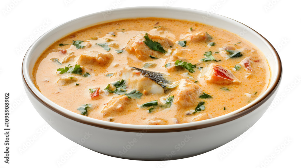 Delicious Creamy Seafood Soup with Fresh Herbs and Vegetables in a White Bowl Delicious Creamy Seafood Soup with Fresh Herbs and Vegetables in a White Bowl