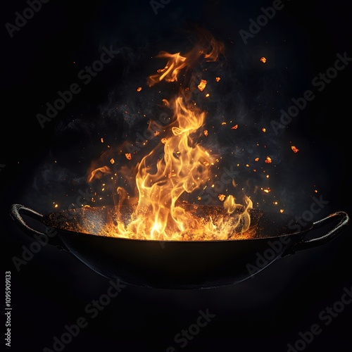 Chinese wok on fire, cooking on black background.