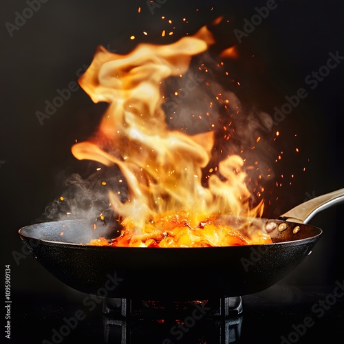 Chinese wok on fire, cooking on black background.