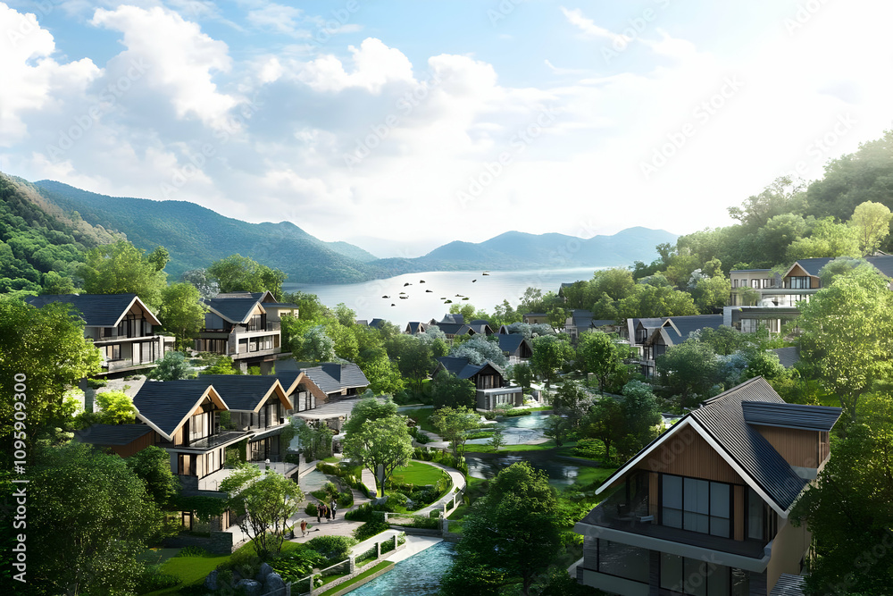 Real estate picture birds eye view neighborhood - Scenic view of a serene lakeside community with modern homes and lush greenery. Real estate picture birds eye view neighborhood - Scenic view of a serene lakeside community with modern homes and lush greenery.