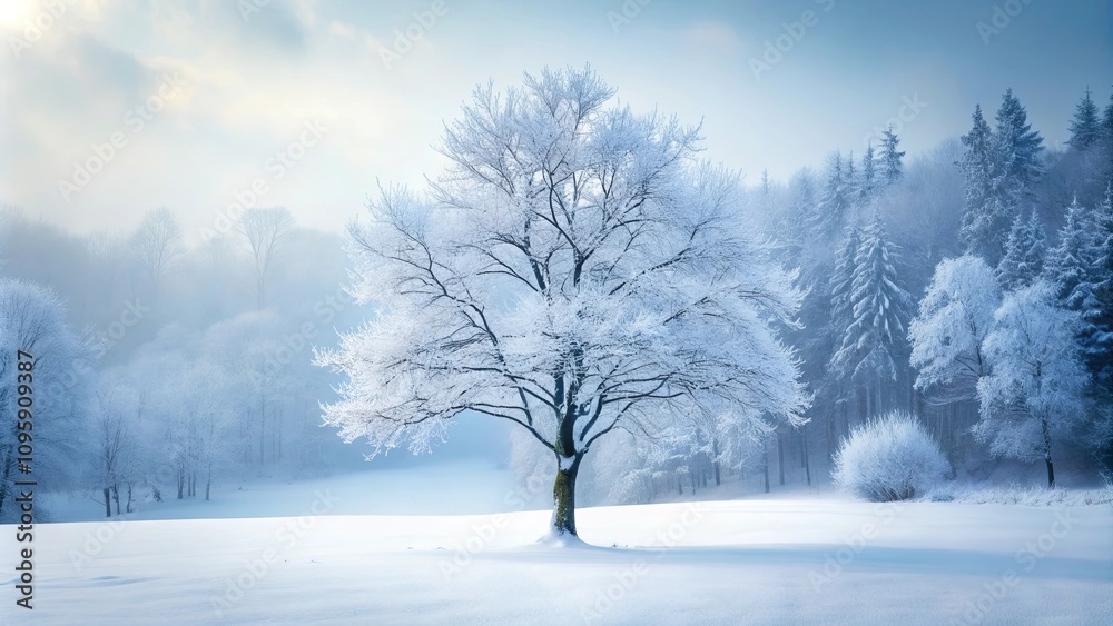 Serene Winter Landscape A solitary frost-covered tree stands in a snow-covered field, surrounded by a misty, snow-laden forest. Serene Winter Landscape A solitary frost-covered tree stands in a snow-covered field, surrounded by a misty, snow-laden forest.