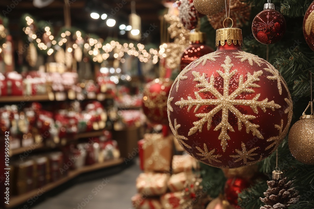 Clearance section in a Christmas-decorated store emphasizing discounts on holiday items with festive props like ornaments and snowflake garlands Clearance section in a Christmas-decorated store emphasizing discounts on holiday items with festive props like ornaments and snowflake garlands