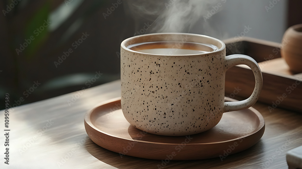 A handmade ceramic mug with a speckled design, paired with a saucer, steaming with a herbal infusion A handmade ceramic mug with a speckled design, paired with a saucer, steaming with a herbal infusion