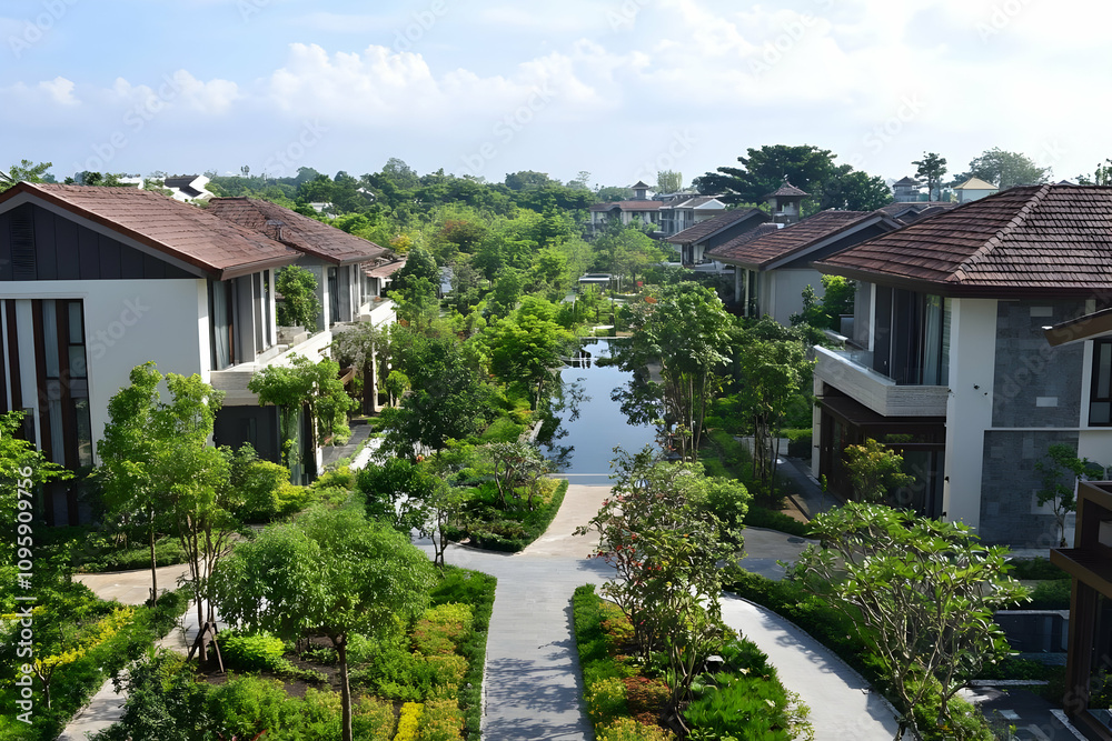 Real estate picture birds eye view neighborhood - A serene view of modern residential buildings surrounded by lush greenery and water features. Real estate picture birds eye view neighborhood - A serene view of modern residential buildings surrounded by lush greenery and water features.