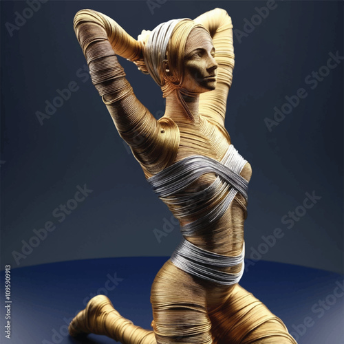 Golden wire sculpture of a kneeling woman.