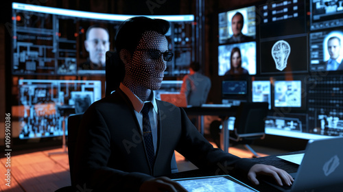 A virtual assistant in AR teaching cybersecurity awareness, showing simulations of phishing attempts, secure practices, and encrypted communication.