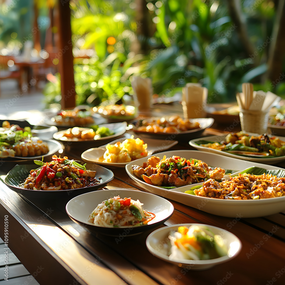 Thai cuisine feast on wooden table outdoor dining culinary photography bright daylight delicious dishes await Thai cuisine feast on wooden table outdoor dining culinary photography bright daylight delicious dishes await