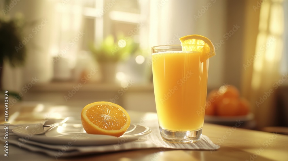 Fresh Orange Juice in Glass with Lemon Slice Fresh Orange Juice in Glass with Lemon Slice