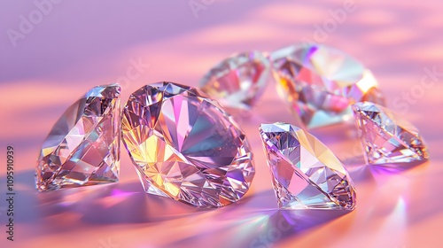 Close-up of several sparkling diamonds on a pink surface. photo