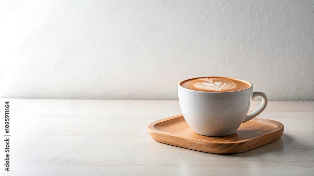 Obraz premium Aromatic Latte Art in a Ceramic Mug on Wooden Tray