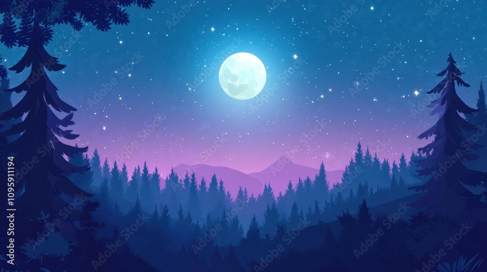 Fototapeta premium Night sky with a bright full moon casting light over a forest, creating a tranquil and mystical scene