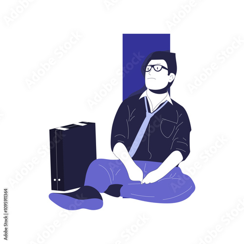 Fired dismissed sad office worker leaving with box after job loss. Man employee quitting. Unemployed jobless person. Layoff, dismissal concept. Flat vector illustration isolated on white background
