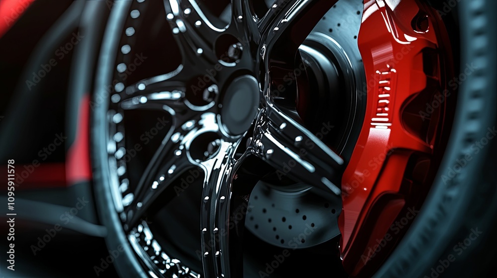 Black Alloy Wheel with Red Brake Caliper Detail Black Alloy Wheel with Red Brake Caliper Detail