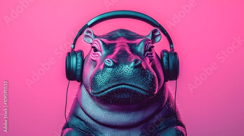 A hippo sporting trendy headphones strikes a pose against a vibrant pink backdrop, full of personality. Snarky Baby Hippo Concept photo