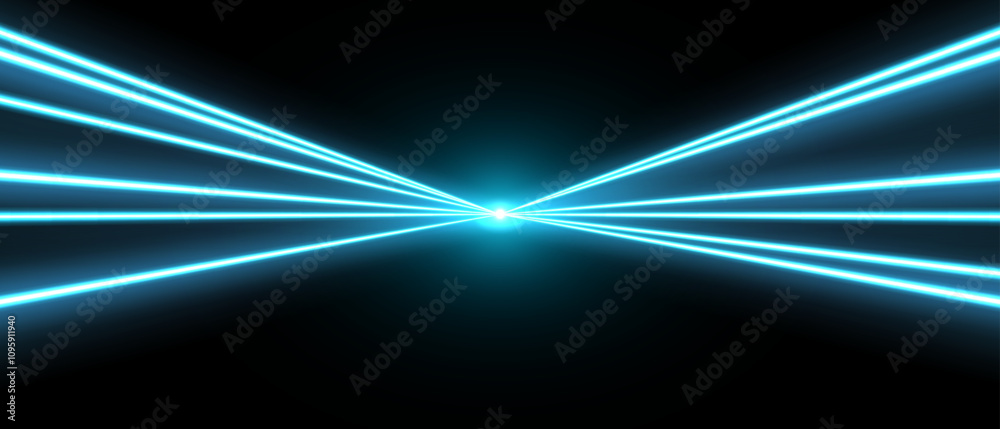 Laser rays or beams, glowing neon lines, bright futuristic background. Motion or speed light effect. Concert or nightclub spotlights. Vector illustration.