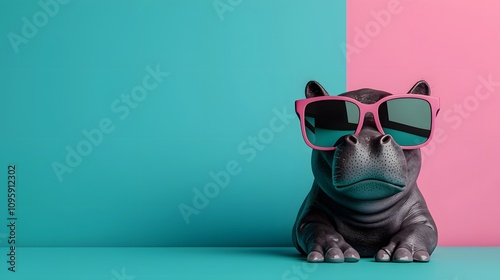 Charming Baby Hippo in Oversized Sunglasses Exudes Swagger Against a Trendy Background. Snarky Baby Hippo Concept photo