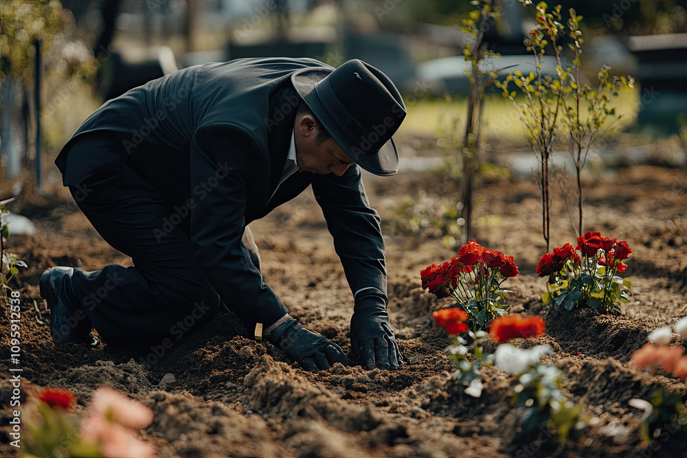 Professional undertaker preparing a gravesite in a respectful manner Professional undertaker preparing a gravesite in a respectful manner