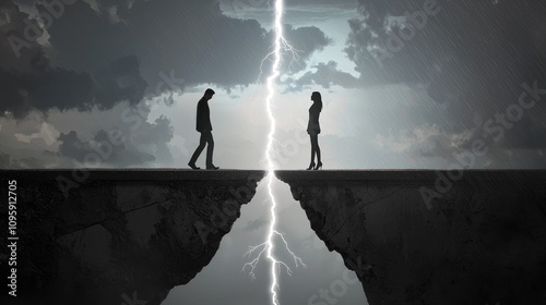 A dramatic scene depicting two figures standing on opposite cliffs, separated by a crack and illuminated by a bolt of lightning, symbolizing conflict or division.