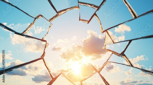 A broken window frame allows sunlight and clouds to shine through, creating a bright, uplifting view of the sky beyond.