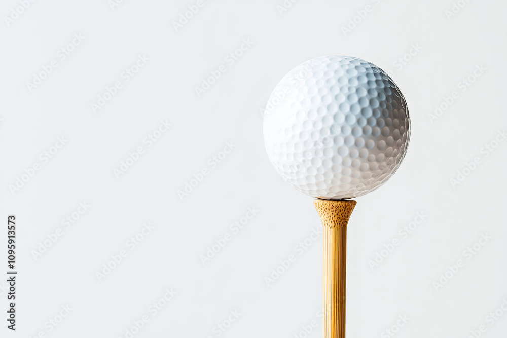Golf ball on bamboo tee on white background Golf ball on bamboo tee on white background
