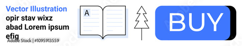 Open book and a pine tree next to a large BUY button. Ideal for education, nature, e-commerce, marketing, shopping, online stores, environmental awareness. Landing page
