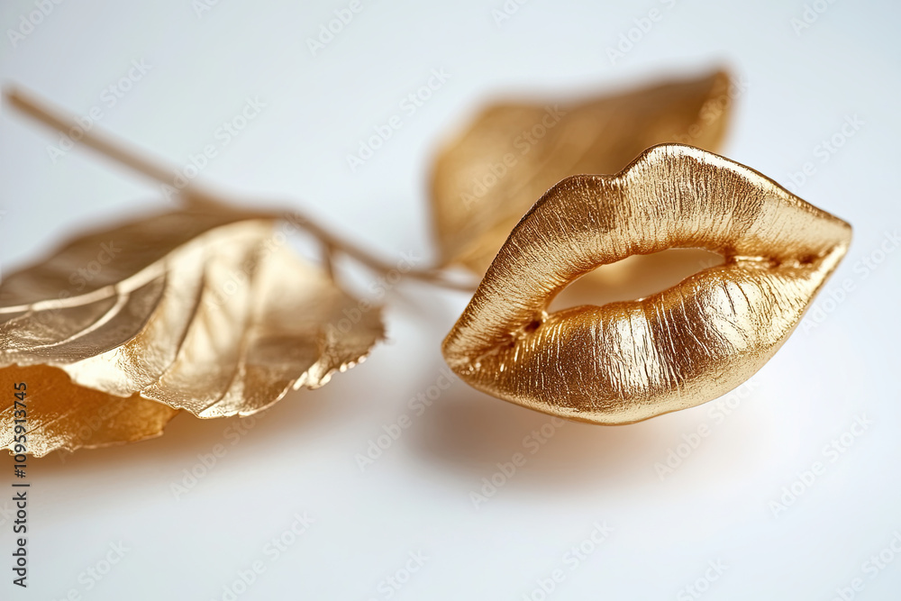Naklejka premium Golden lips on white background