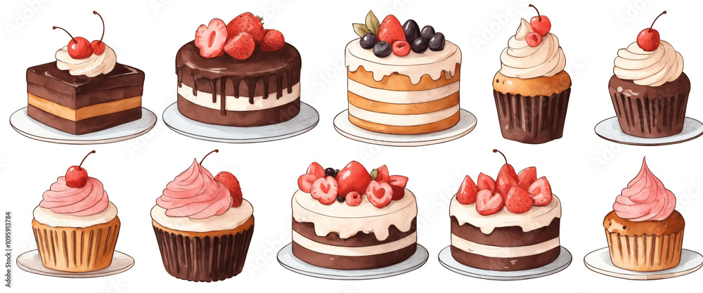 set of cute delicious cakes on white background set of cute delicious cakes on white background