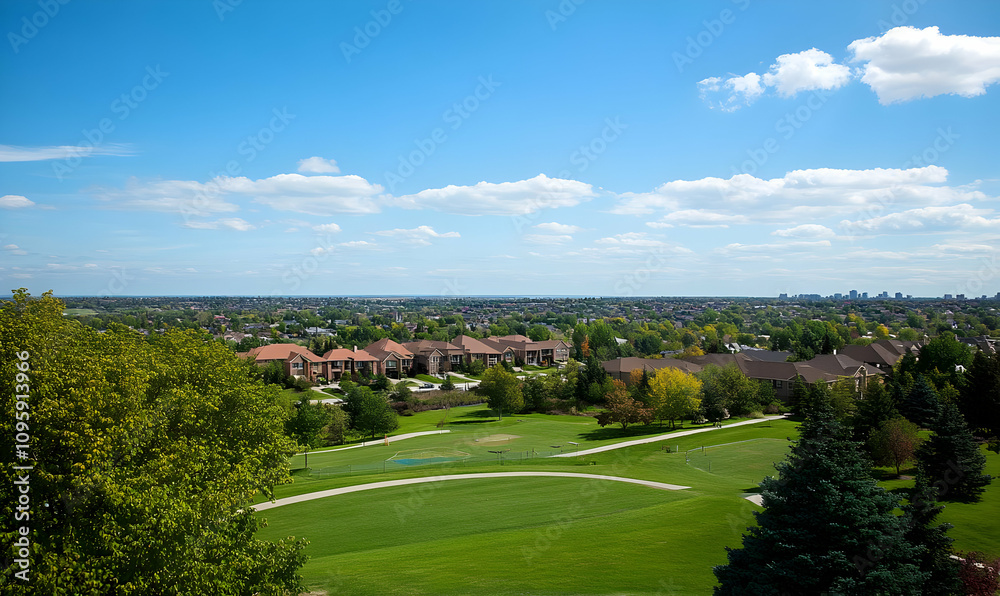 Real estate picture birds eye view neighborhood - A scenic view of a golf course and residential area under a clear blue sky. Real estate picture birds eye view neighborhood - A scenic view of a golf course and residential area under a clear blue sky.