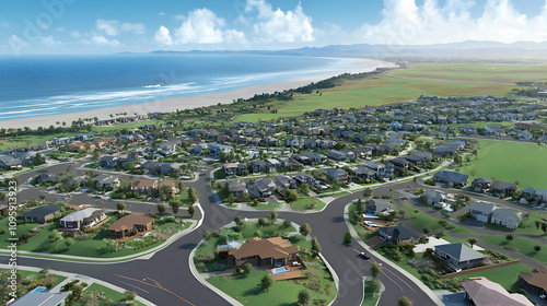 Real estate picture birds eye view neighborhood - Aerial view of a suburban neighborhood near the coast with homes and green spaces.