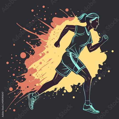 Watercolor runner sprint sport ink splash Vector Illustration isolated on a black background