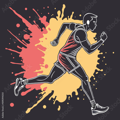 Watercolor runner sprint sport ink splash Vector Illustration isolated on a black background