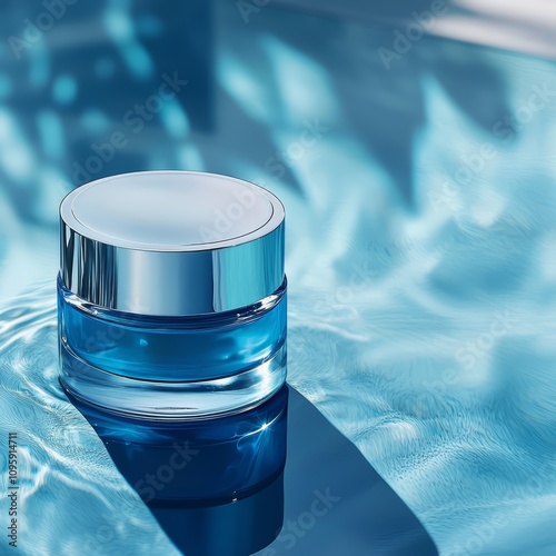 Mockup of blue hydrating cream jar placed on a rippling water surface with natural reflections.