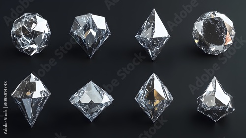 Eight clear, geometric, crystal shapes rendered with shiny reflective surfaces isolated on a black background. photo