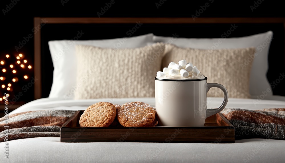 Cozy bedroom scene with hot cocoa and cookies on a tray. Cozy bedroom scene with hot cocoa and cookies on a tray.
