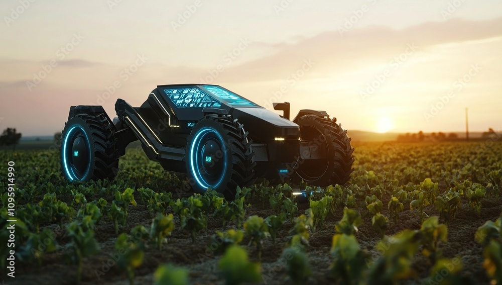 Futuristic Autonomous Farm Vehicle at Sunset Futuristic Autonomous Farm Vehicle at Sunset