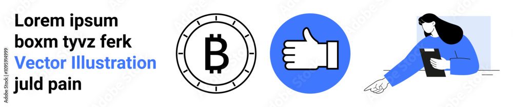 Bitcoin symbol, thumbs-up icon for social media, person working on a tablet. Ideal for cryptocurrency, social media engagement, digital communication, business, technology, online marketing, fintech Bitcoin symbol, thumbs-up icon for social media, person working on a tablet. Ideal for cryptocurrency, social media engagement, digital communication, business, technology, online marketing, fintech