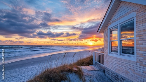 Fototapeta Naklejka Na Ścianę i Meble -  beachfront cottage with pale brick siding, offering panoramic views of the ocean at sunset