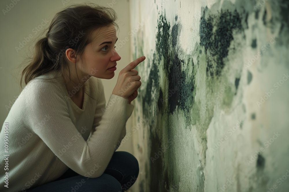 Obraz premium Shocked Woman Looking At Mold On Wall