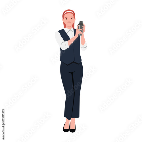 Smiling barmaid preparing cocktail using shaker. Flat vector illustration isolated on white background