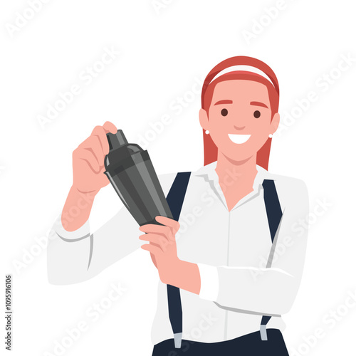 Woman bartender mixing drinks in shaker for preparing cocktail. Flat vector illustration isolated on white background
