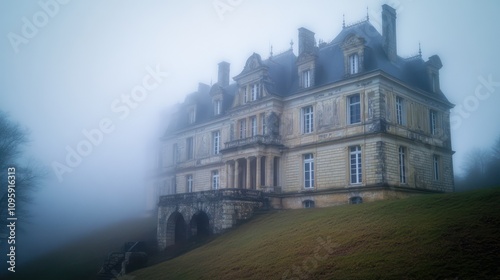 grand chateau with weathered stone siding, standing majestically on a fog-covered hill