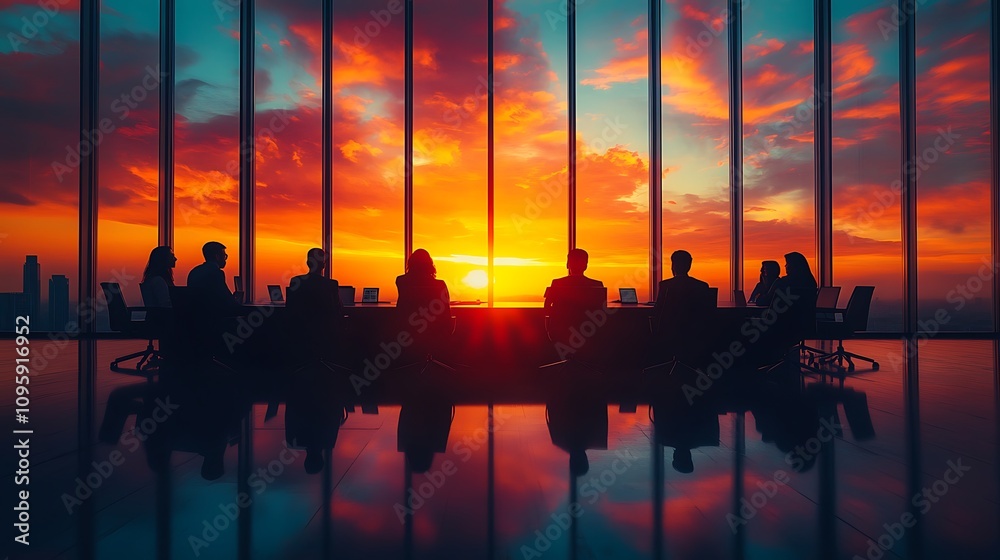 Business meeting silhouettes against sunset modern office reflection Business meeting silhouettes against sunset modern office reflection