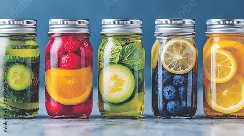 Colorful jars filled with fresh fruits and herbs, showcasing vibrant infusions in a refreshing display.