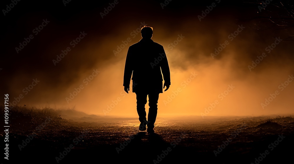 Mysterious figure walking towards light foggy road night scene Mysterious figure walking towards light foggy road night scene